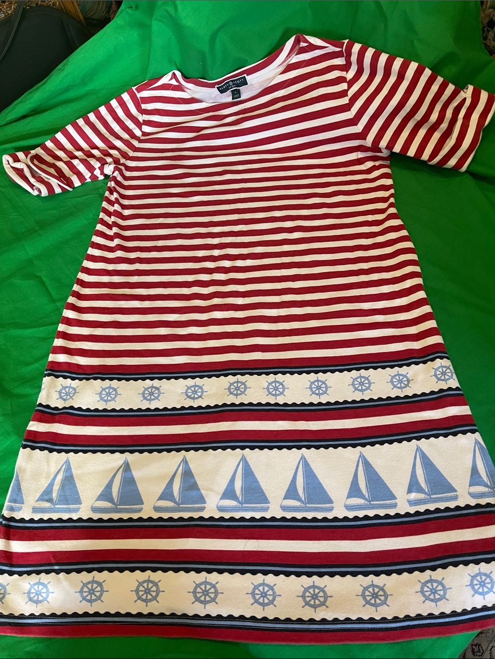 Karen Scott Red & White Striped Sailboat Border Dress